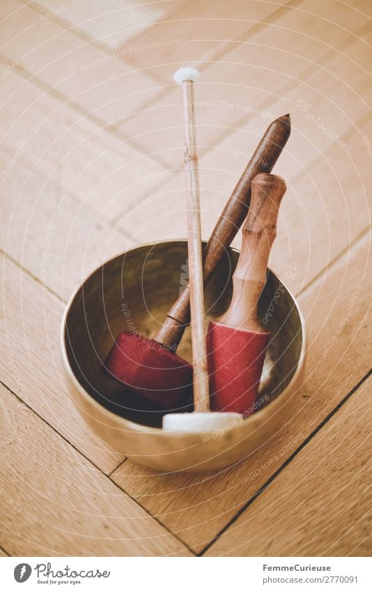 Singing bowl with felt mallets on floorboards Harmonious Well-being Contentment Senses Relaxation Calm Meditation Drumstick clappers singing bowl Bowl Bronze