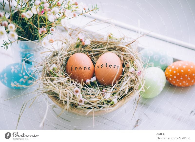 Easter eggs with greeting text stamp next to a window Beautiful Handcrafts Decoration Flower Grass Wood Ornament Funny Natural Cute Original White Tradition Egg