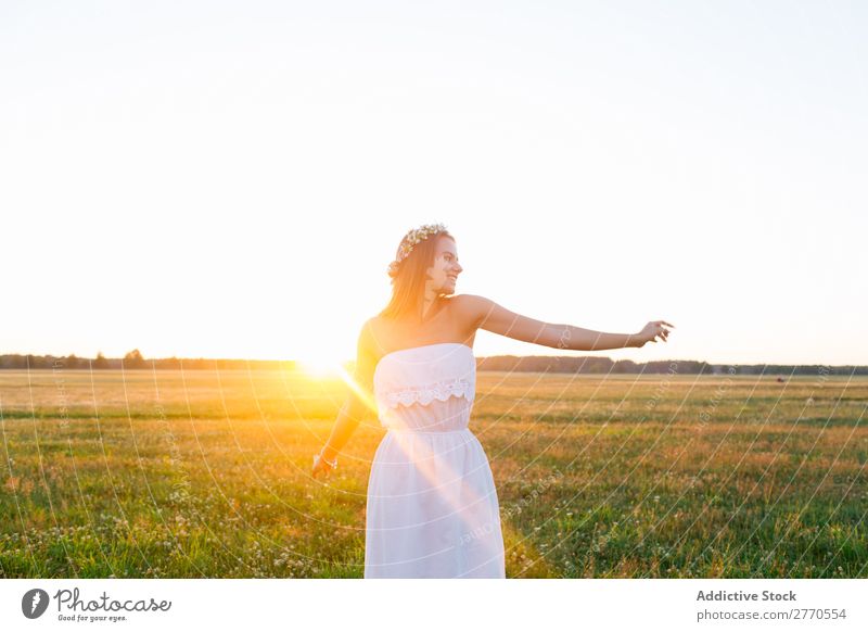 Romantic woman in green field Woman romantic Field Floral Wreath Style Feminine Joy Delicate Model Freedom Landscape Leisure and hobbies Happiness Gold