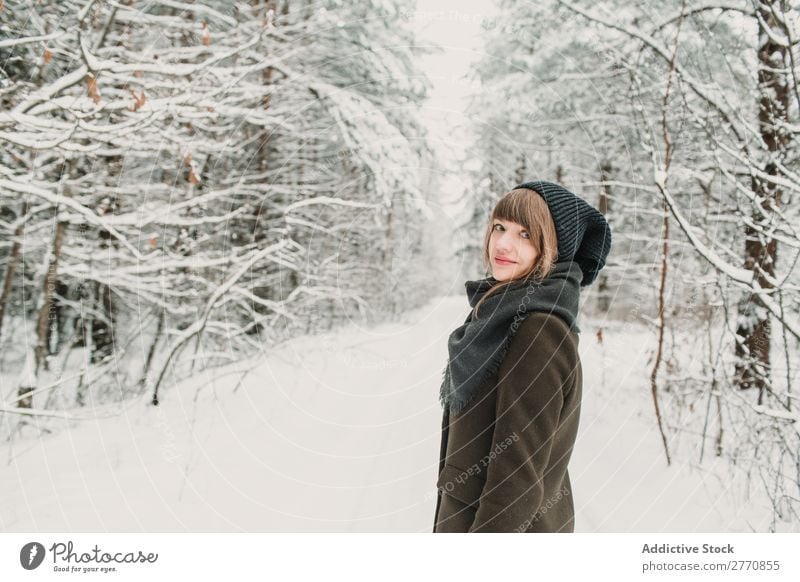 Cheerful woman in winter forest Woman Forest Winter Snow Cold Nature Youth (Young adults) White Beautiful Happy Seasons Joy Lifestyle Leisure and hobbies