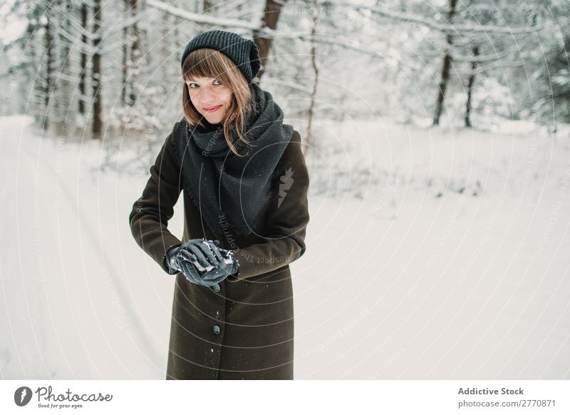 Cheerful woman having fun in winter forest Woman Forest Winter Snow Cold Nature Youth (Young adults) Jump Joy Street Lanes & trails White Beautiful Happy