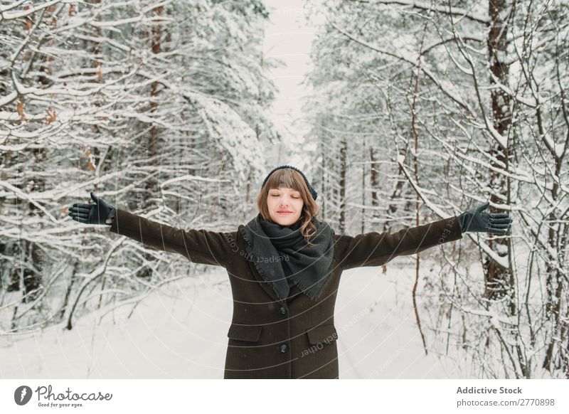 Cheerful woman in winter forest Woman Forest Winter Snow Cold Nature Youth (Young adults) White Beautiful Happy Seasons Joy Lifestyle Leisure and hobbies