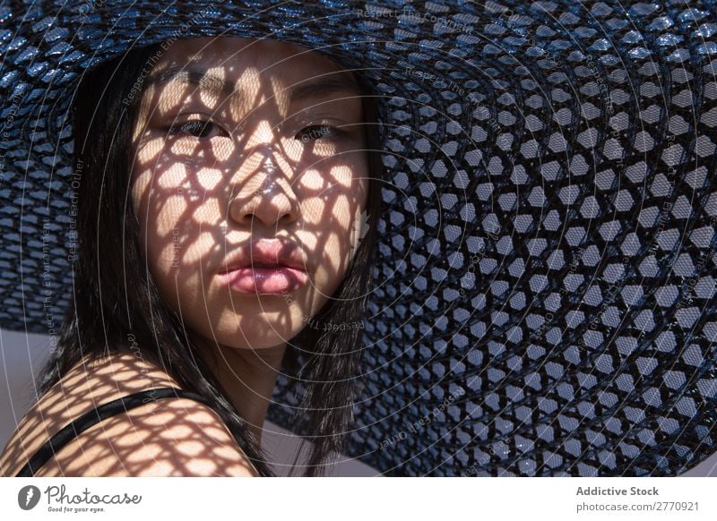 Asian woman in big hat Woman Style fashionable asian Hat Sun Protection Shadow Grid Beautiful Fashion Beauty Photography Youth (Young adults) Model