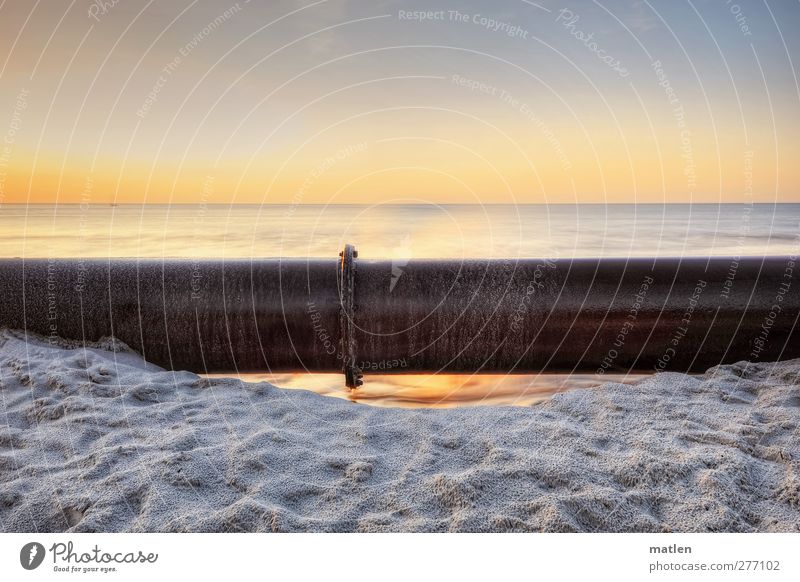 Pipe putt Landscape Water Sky Cloudless sky Horizon Sunlight Summer Beautiful weather Beach Ocean Wet Brown Gray Subdued colour Deserted Copy Space top