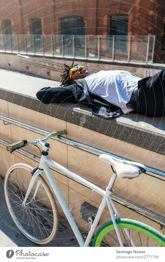 Handsome afro man relaxing near his bike. Man Bicycle fixie Hipster Lifestyle Walking Lie (Untruth) Relaxation enjoying Cycling City Town Human being handsome