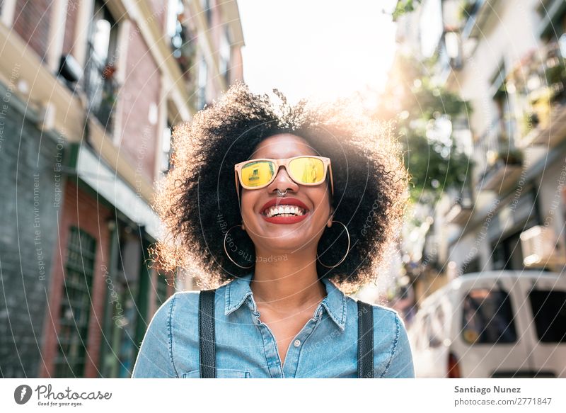 Portrait of beautiful afro american woman. Woman Black African Afro Human being Portrait photograph City Youth (Young adults) Girl American Ethnic Hair Smiling