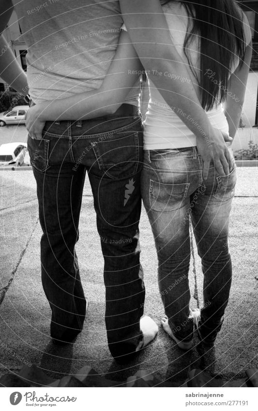 Everything under control Human being Couple Partner 2 18 - 30 years Youth (Young adults) Adults Jeans Black-haired Brunette Emotions Black & white photo