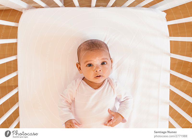 Cute Baby Girl Lying in the Crib Boy (child) Child Cot Lie (Untruth) Newborn cots Beautiful Portrait photograph Human being Caucasian Face Eyes Home White