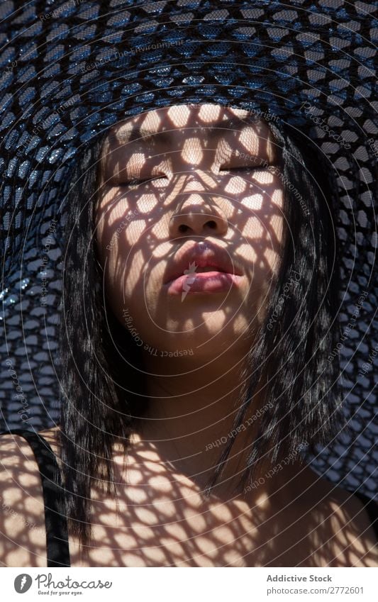 Asian woman in big hat Woman Style fashionable asian Hat Sun Protection Shadow Grid Beautiful Fashion Beauty Photography Youth (Young adults) Model