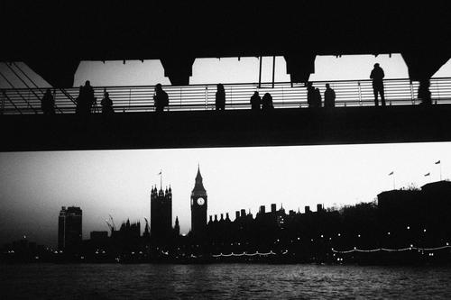 People looking at Big Ben. Monochrome Black & white photo Silhouette Human being Old Vintage Bridge Appearance Retro River Attraction Historic touristic