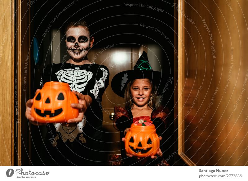 Happy children disguised saying trick or treating. Hallowe'en Child Girl Boy (child) Painting (action, artwork) Skeleton Witch Disguised Joy Family & Relations