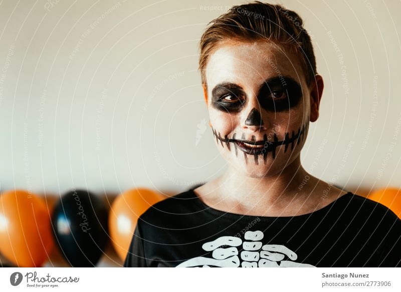 Portrait of boy disguised of skeleton at home. Hallowe'en Child Boy (child) Painting (action, artwork) Skeleton Joy Disguised Family & Relations Brother