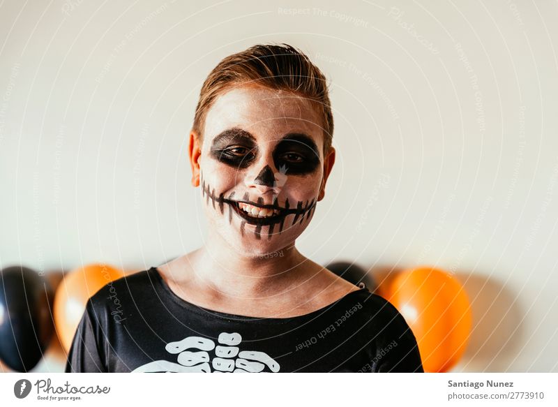 Portrait of boy disguised of skeleton at home. Hallowe'en Child Boy (child) Painting (action, artwork) Skeleton Joy Disguised Family & Relations Brother