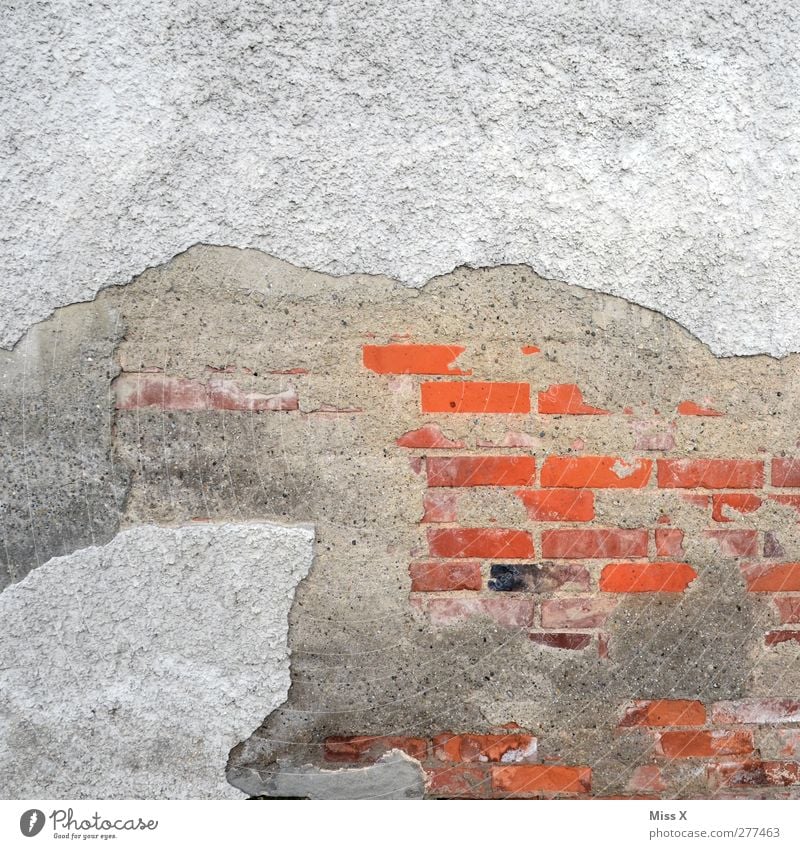 colour stain Wall (barrier) Wall (building) Facade Old Gray Red Decline Transience Brick Plaster Crack & Rip & Tear Colour photo Pattern Structures and shapes