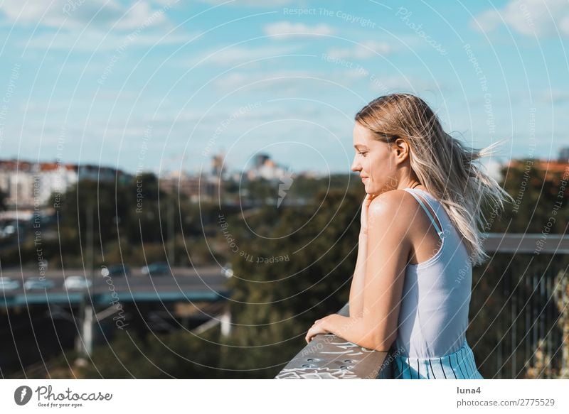 young woman on balcony Lifestyle Joy Happy Beautiful Contentment Relaxation Leisure and hobbies Summer University & College student Young woman