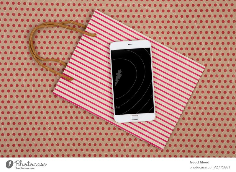 shopping bag, gift bags and white smartphone Shopping Style Design Office Craft (trade) Business Telephone PDA Screen Technology Musical notes Pack Paper