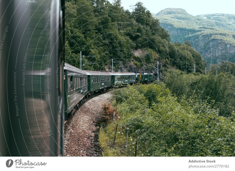 Train riding in green valley Landscape Railroad Mountain Traveling Forest Vacation & Travel Trip Summer Transport Nature Track Panorama (Format) Adventure