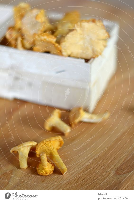 chanterelles Food Nutrition Organic produce Vegetarian diet Fresh Small Delicious Yellow Chanterelle Wooden table Mushroom Basket Colour photo Close-up Deserted