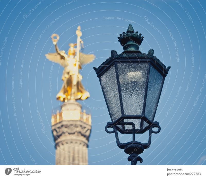 Victory Victoria Work of art Sculpture Berlin zoo Tourist Attraction Monument Victory column Elegant Historic Gold Past Lantern Side by side Neutral Background
