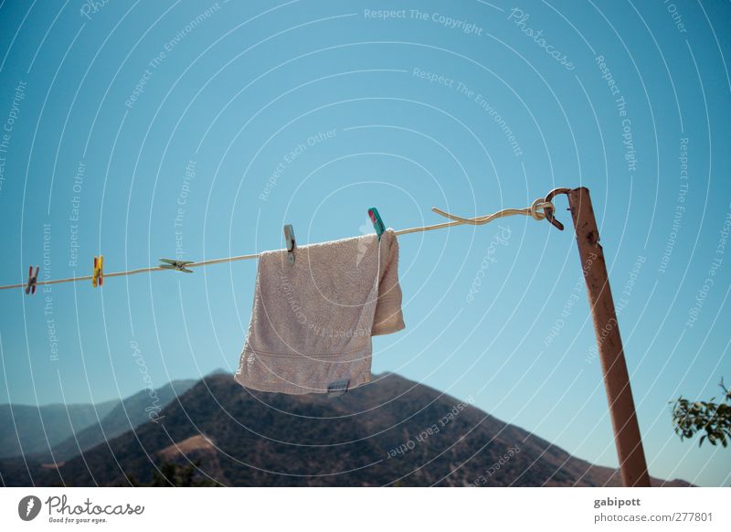 Small laundry Nature Landscape Cloudless sky Summer Hill Rock Mountain Peak Hang Clean Blue White Laundry Clothesline Clothes peg Towel Washing day Cotheshorse