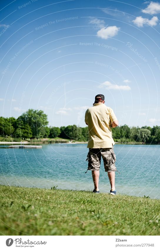 Day at the lake Lifestyle Leisure and hobbies Human being Masculine Young man Youth (Young adults) 1 18 - 30 years Adults Nature Landscape Cloudless sky Horizon