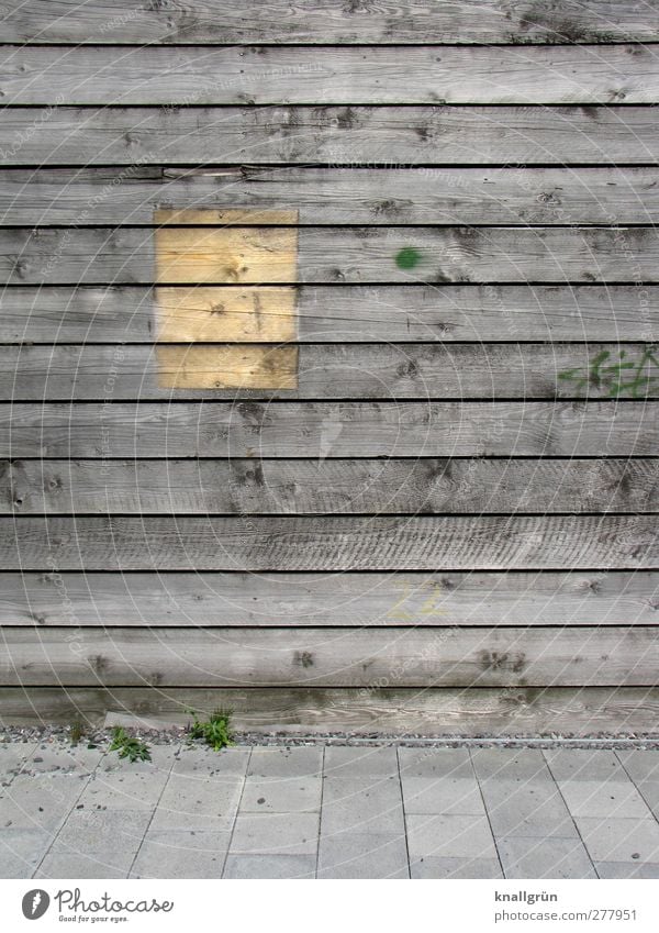 PAST HISTORY Wooden wall Old Sharp-edged Brown Gray Paving tiles Rectangle Knothole Colour photo Subdued colour Exterior shot Deserted Copy Space right