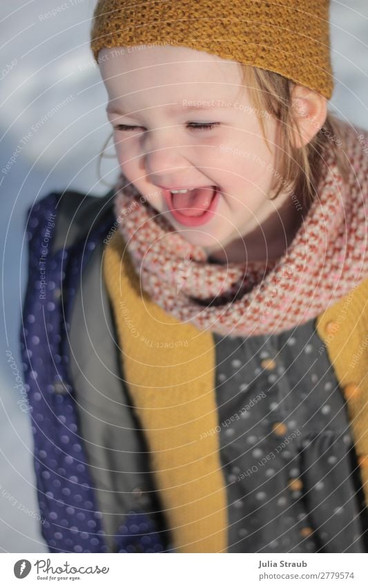 girls laugh winter sun Feminine Toddler 1 Human being 1 - 3 years Spring Winter Snow Jacket Scarf Headband Blonde Short-haired Smiling Laughter Illuminate