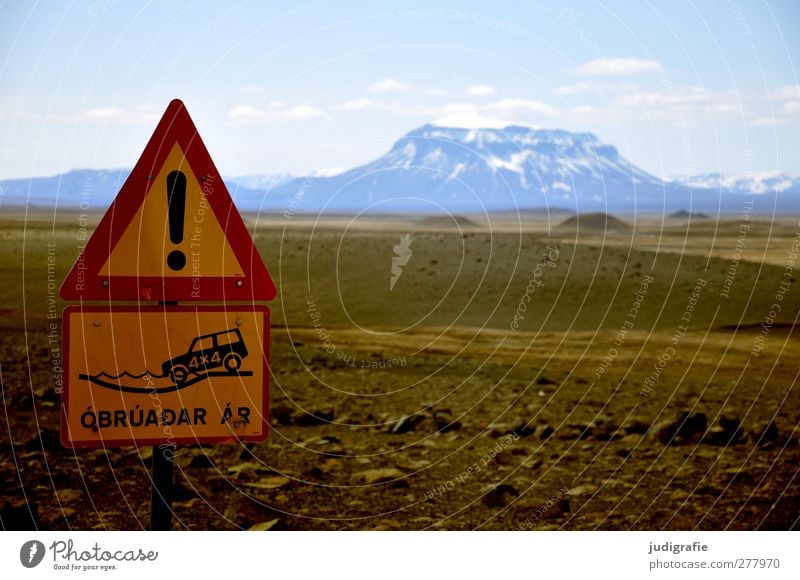 Iceland Environment Nature Landscape Sky Mountain herdubreid Snowcapped peak High plain Traffic infrastructure Road sign Loneliness Warn Colour photo