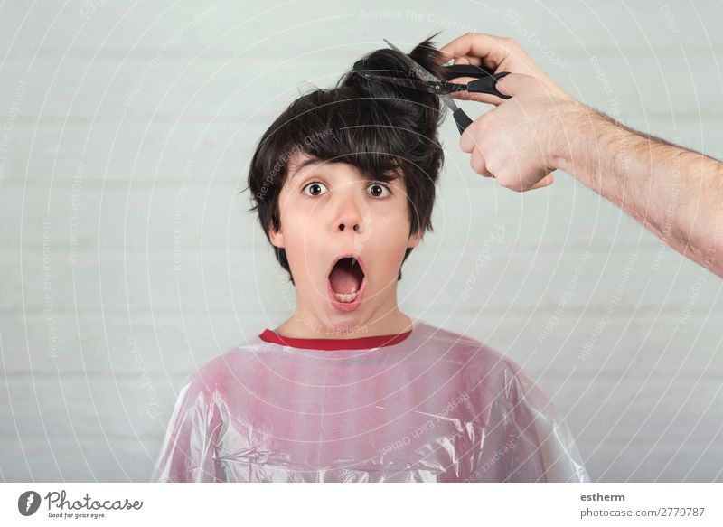 surprised boy at the hairdresser Lifestyle Style Personal hygiene Medical treatment Profession Hairdresser Scissors Human being Masculine Child Infancy 1