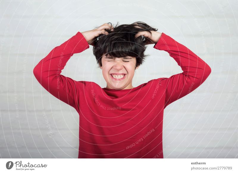 boy scratching his hair for head lice against brick background Lifestyle Skin Medical treatment Illness Allergy Human being Masculine Infancy 1 8 - 13 years
