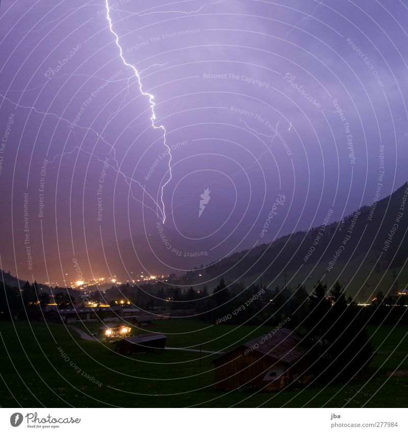 Force of nature! Life Mountain Nature Elements Sky Storm clouds Night sky Summer Climate Gale Thunder and lightning Lightning Rock Alps Peak Saanenland Village
