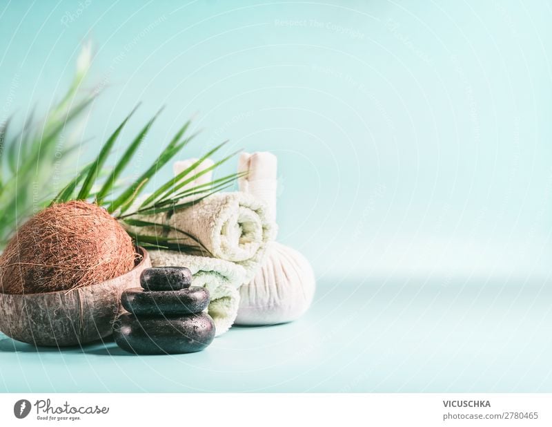 Modern spa set with coconut and palm leaves Lifestyle Design Beautiful Personal hygiene Cosmetics Healthy Wellness Well-being Relaxation Spa Massage Living room