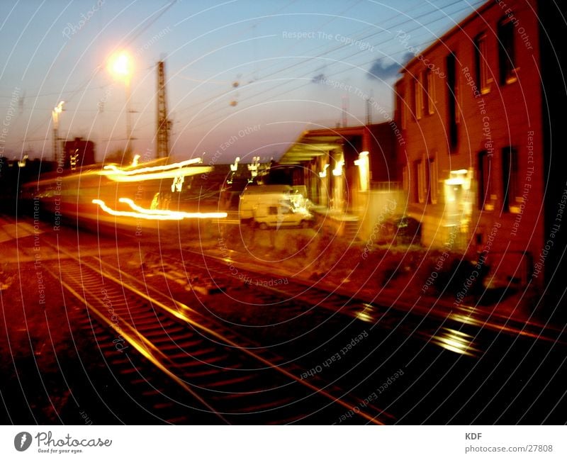 train scene Night Long exposure Railroad Bremen Railroad tracks Yellow Sunset Speed Evening Light db Train station KDF Shadow Blur