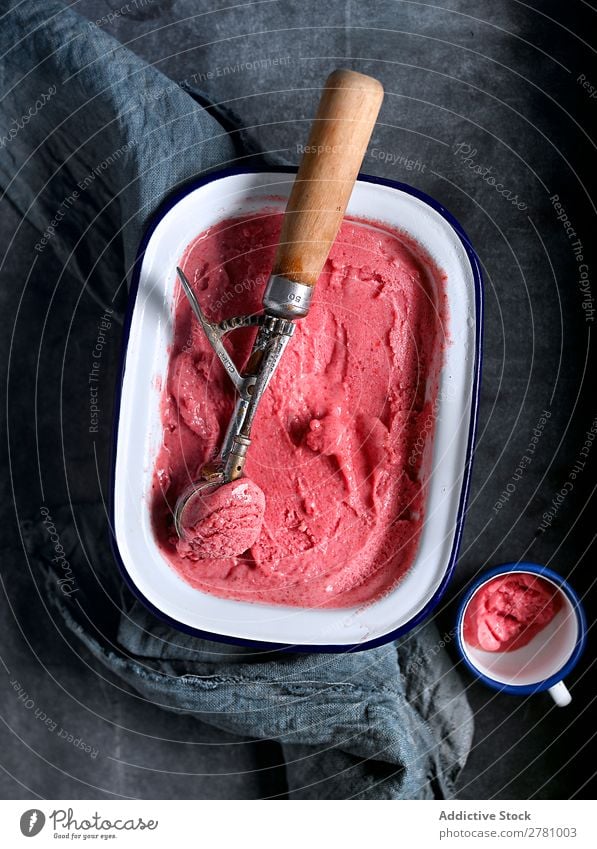 Organic strawberry ice-cream in bowl Strawberry Rustic Self-made Conceptual design Dessert Cream Food Portion Sorbet assortment Summer Fresh Snack Frozen Sweet