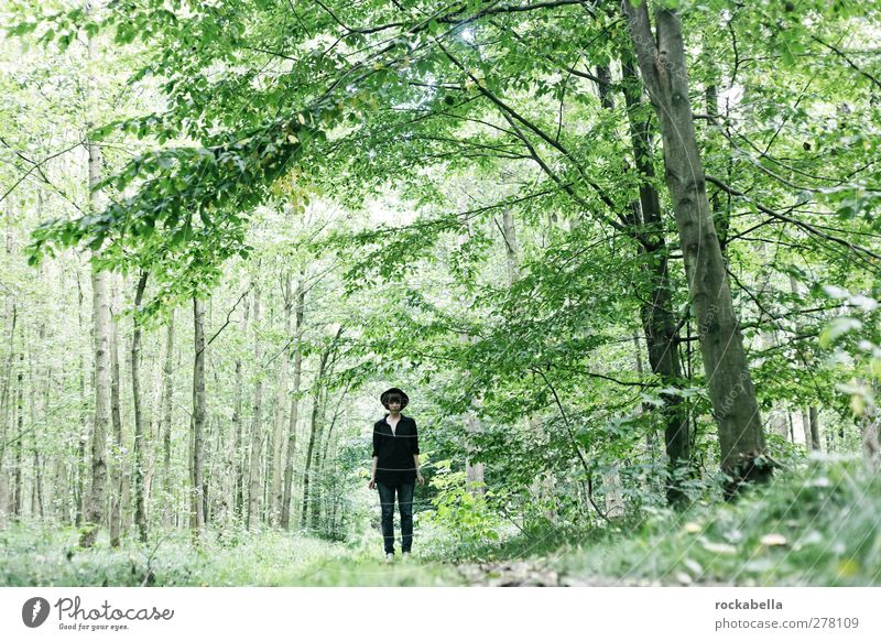 Woman in the forest Feminine Adults 1 Human being 18 - 30 years Youth (Young adults) Hat Elegant Loneliness Green Forest Nature Colour photo Exterior shot