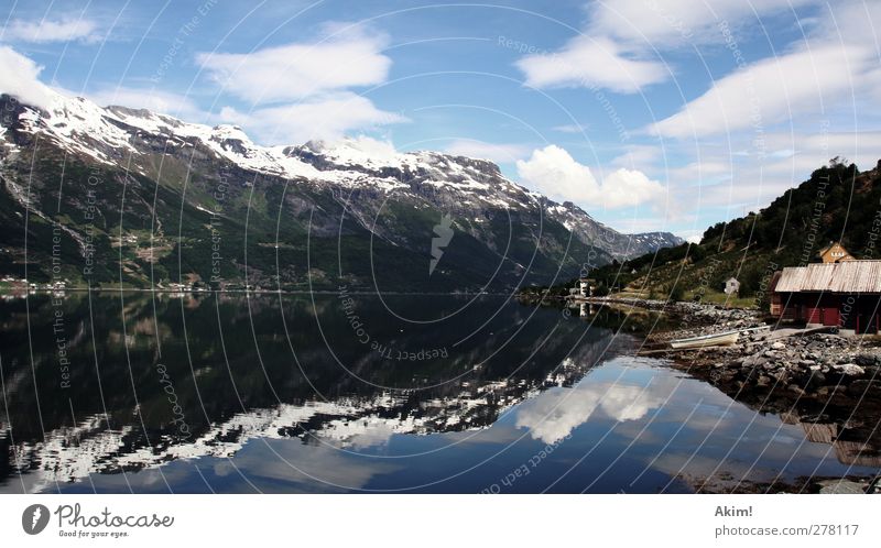 mirror mirror mirror Environment Nature Landscape Water Sky Beautiful weather Mountain Snowcapped peak Relaxation Hiking Loneliness Alps Wooden hut Fjord Lake