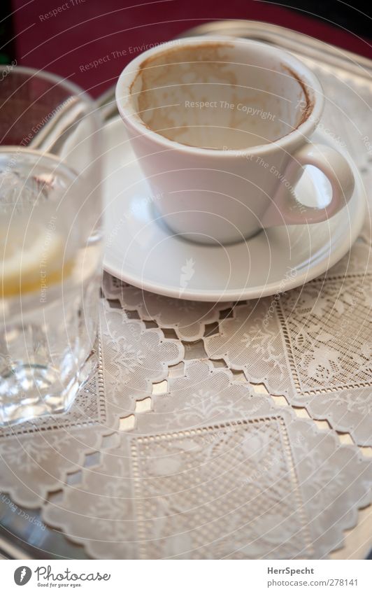 coffee break To have a coffee Beverage Cold drink Hot drink Drinking water Coffee Cup Glass Restaurant Metal To enjoy White Cappuccino Café Tray Lace Empty