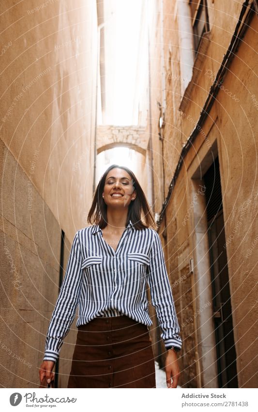 Woman walking down the street Street pretty Cheerful Happy Youth (Young adults) Beautiful Walking Beauty Photography Girl Summer Portrait photograph Town