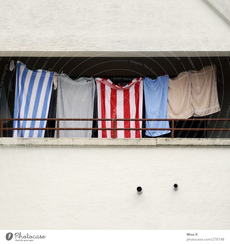 Friday underwear Balcony Hang Wet Washing day Laundry Clothesline Dry Towel Bath towel Striped Wall (barrier) Colour photo Multicoloured Exterior shot Deserted