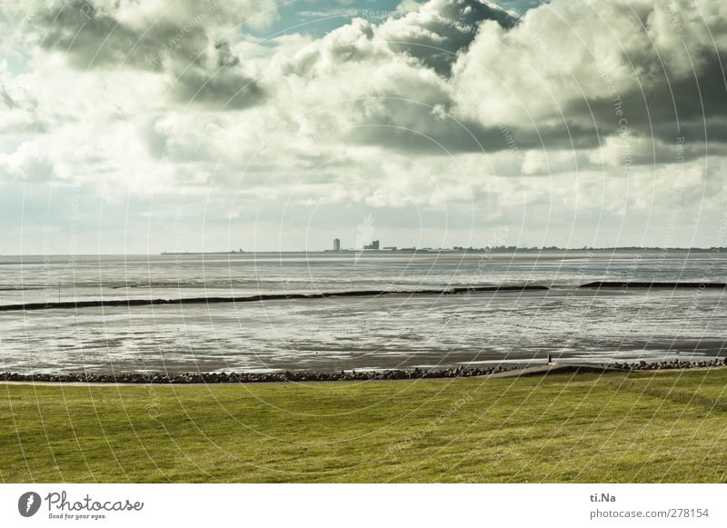 the mighty St. dike Landscape Air Water Clouds Storm clouds Spring Summer Autumn Grass North Sea Mud flats Observe Relaxation Blue Gray Green Tourism Dike