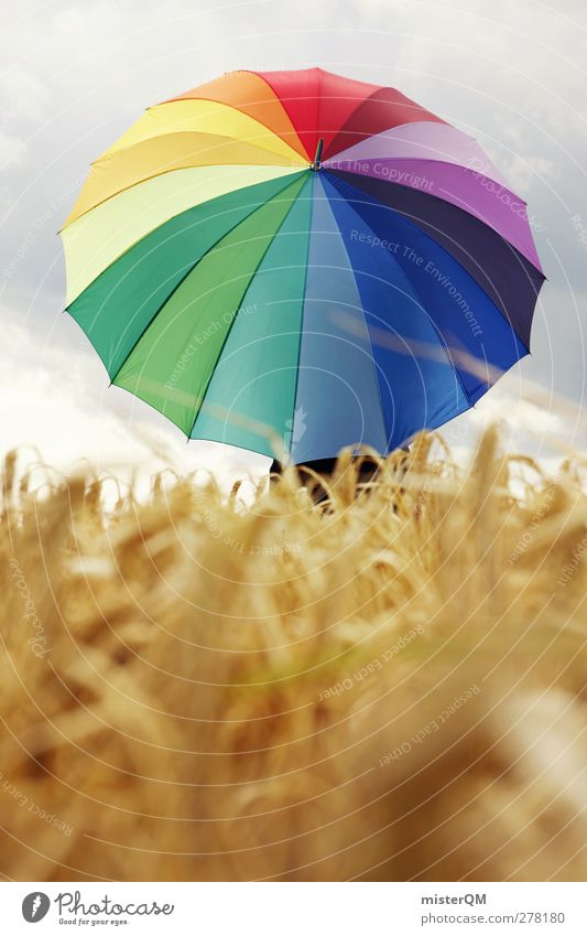 let it rain. Art Esthetic Umbrella Prismatic colors Field Cornfield Multicoloured Modern Creativity Idea Weather Bad weather Weather protection Protection