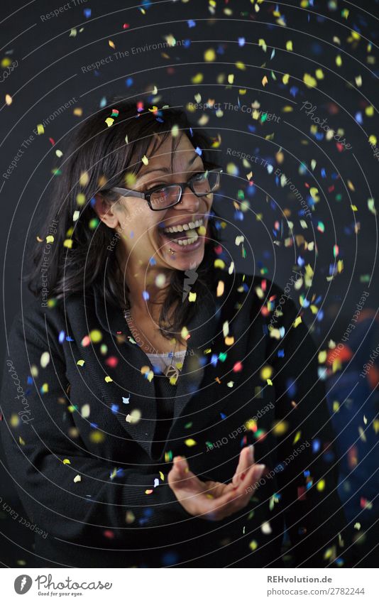 Confetti portrait Lifestyle Feasts & Celebrations Human being Feminine Woman Adults 1 30 - 45 years Eyeglasses Black-haired Long-haired Decoration Smiling