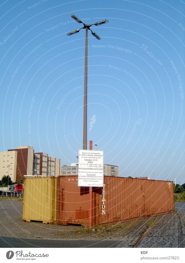 container Harbour Port of Hamburg Container Signs and labeling Beautiful weather Blue sky Lantern Yellow Red Industrial Photography Prohibition sign Industry