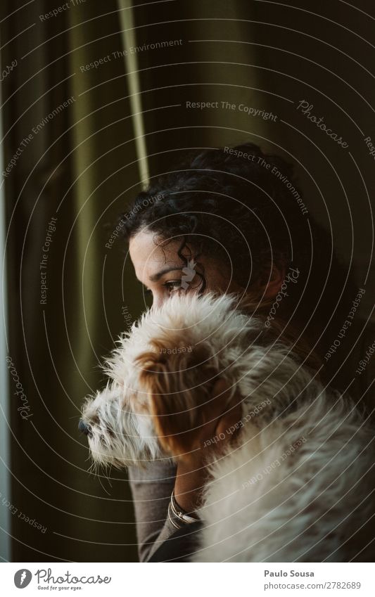 Woman and dog Human being Feminine Young woman Youth (Young adults) 1 18 - 30 years Adults Pet Dog Animal Observe Think Sit Dream Wait Authentic Friendliness