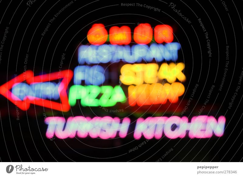fata morgana Food Nutrition Eating Fast food Restaurant Characters Signs and labeling Illuminate Multicoloured Neon light Light Exterior shot Close-up
