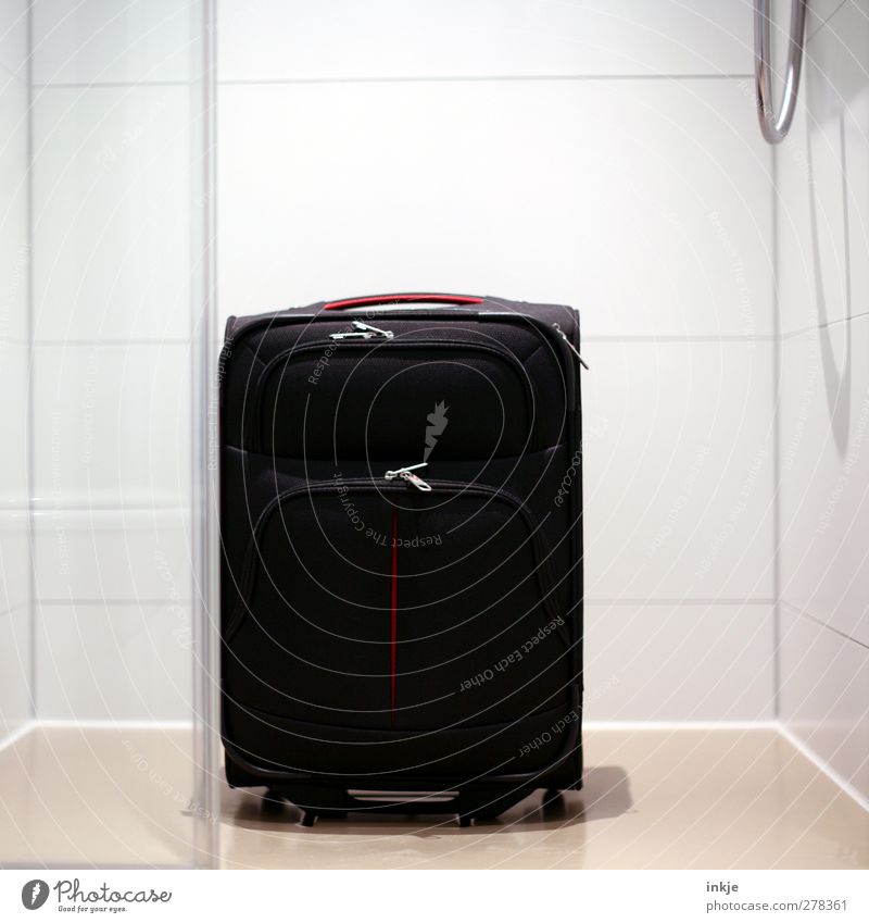 I have another suitcase in Berlin. Vacation & Travel Tourism Shower (Installation) Take a shower Bathroom Suitcase Tile Shower hose Stand Clean Black White
