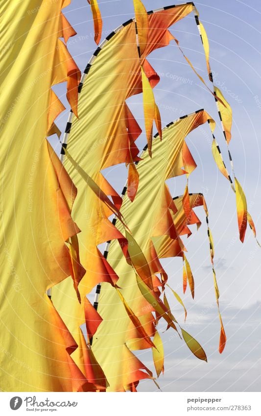 The sky burns Flag Movement Hang Yellow Orange Colour photo Exterior shot Deserted Day Blow Bright background