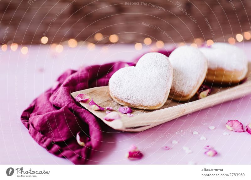 Heart-shaped Berlin doughnuts Donut Romance Pink Baked goods Valentine's Day Mother's Day Birthday Card Love Thank you very much Symbols and metaphors Wood