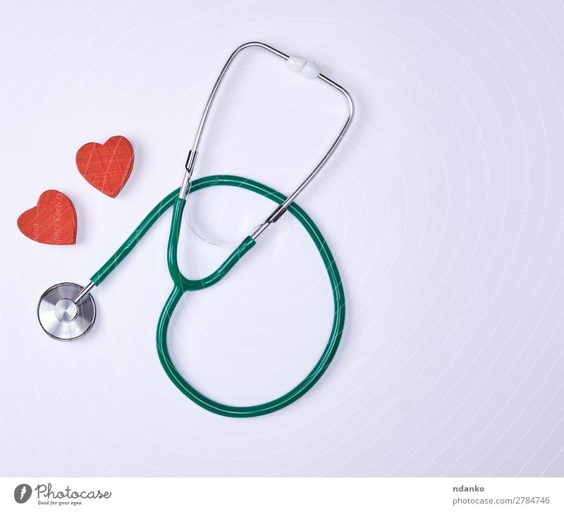 green medical stethoscope Healthy Health care Medical treatment Illness Medication Hospital Heart Listening Small Green Red White background cardiac Diagnosis