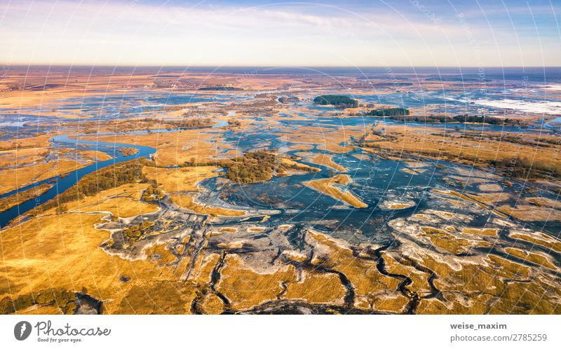 Spring melting river flood aerial panorama. Overflow water Beautiful Vacation & Travel Trip Adventure Far-off places Expedition Winter Snow Nature Landscape Air